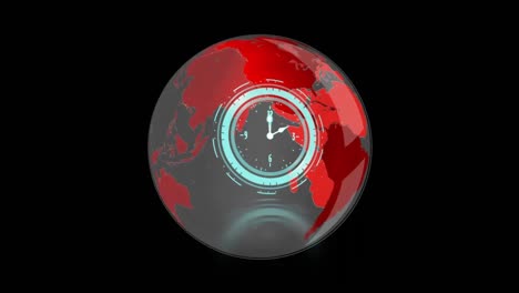 Animation-of-globe,-clock-and-purple-shapes-on-black-background