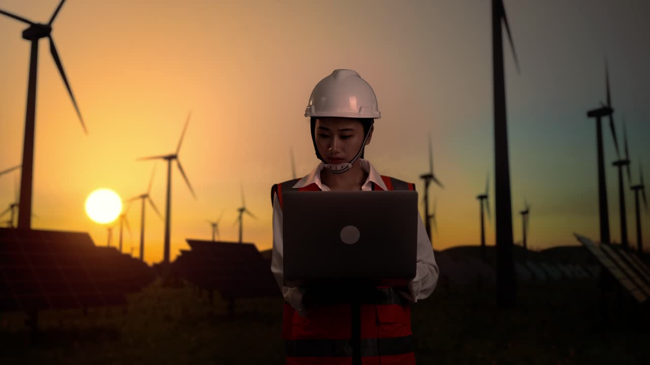 Asian Female Engineer In A Helmet Working On A Laptop While Standing In Front Of Wind Turbines Rotating At Sunset