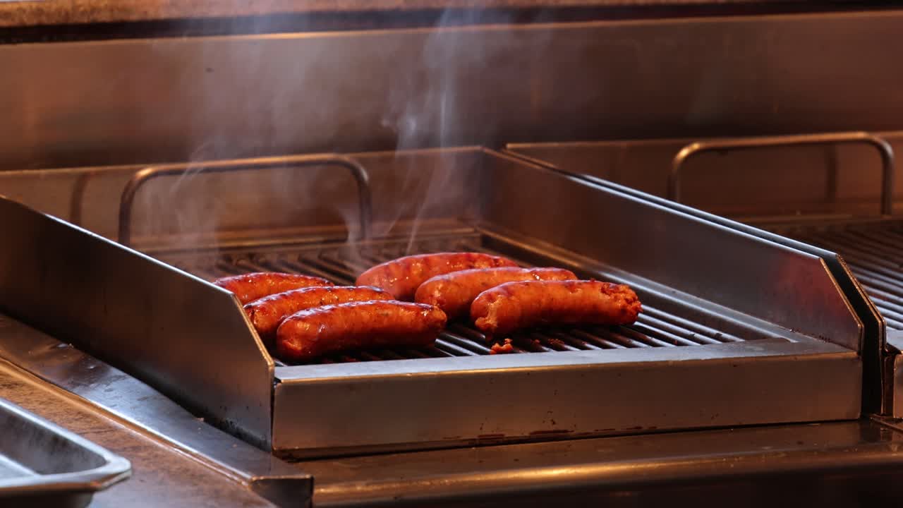 salchichas cocinando en una parrilla caliente con humo creciente