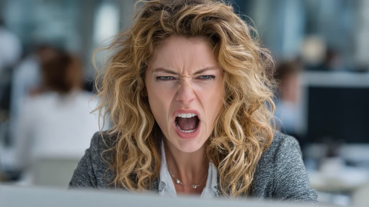 A Frustrated Woman Expresses Anger in an Office Setting, Capturing a Moment of Stress and Emotional Overload Amidst a Hectic Work Environment