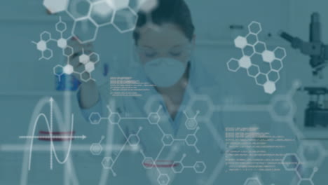 animación de procesamiento de datos y fórmula química sobre una científica caucásica