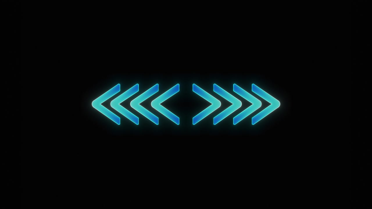 Glowing direction arrow icon visual with bright cyan chevrons soft neon edges and black minimal