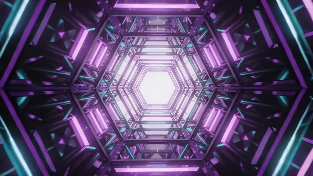 Telecamera che avanza attraverso un tunnel esagonale verso una luce centrale, mostrando neon viola e verde acqua.