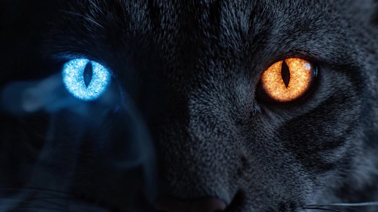Close-up Cativante do Rosto de um Gato Exibindo Olhos Azuis e Laranja Deslumbrantes, Destacando as Texturas e Cores Intrincadas da Pelagem e dos Olhos Contra um Fundo Escuro