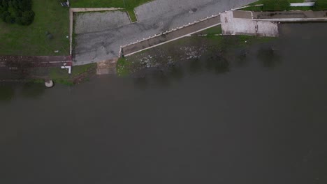 Aerial-view-of-Douro-river-edge-at-Peso-da-Regua,-Portugal