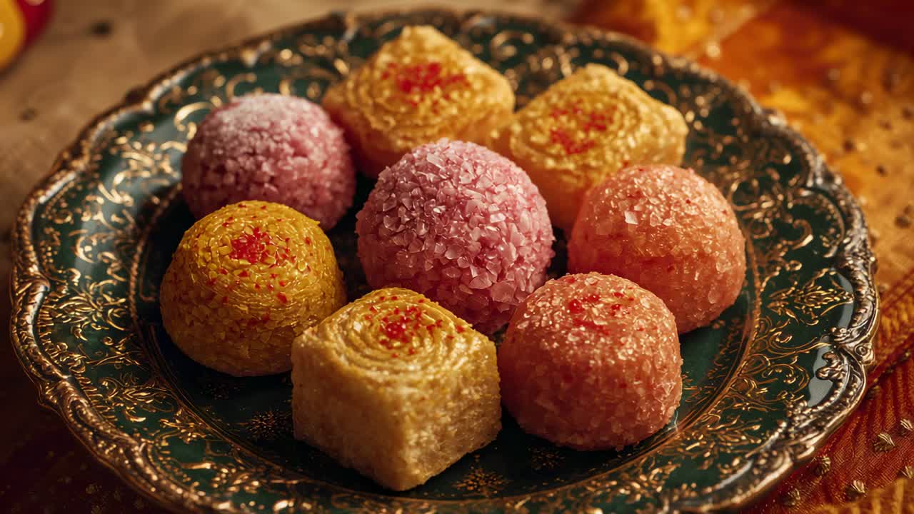 Camera focusing on sweets, panning ornate plate on tablecloth showing nine sugar-coated confections