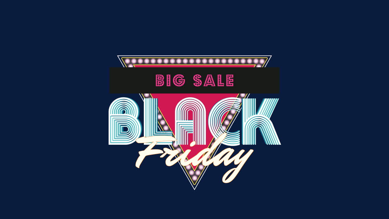 블랙 프라이데이 및 복고형 삼각형 및 파란색 그라데이션 표시등이 있는 큰 판매 텍스트