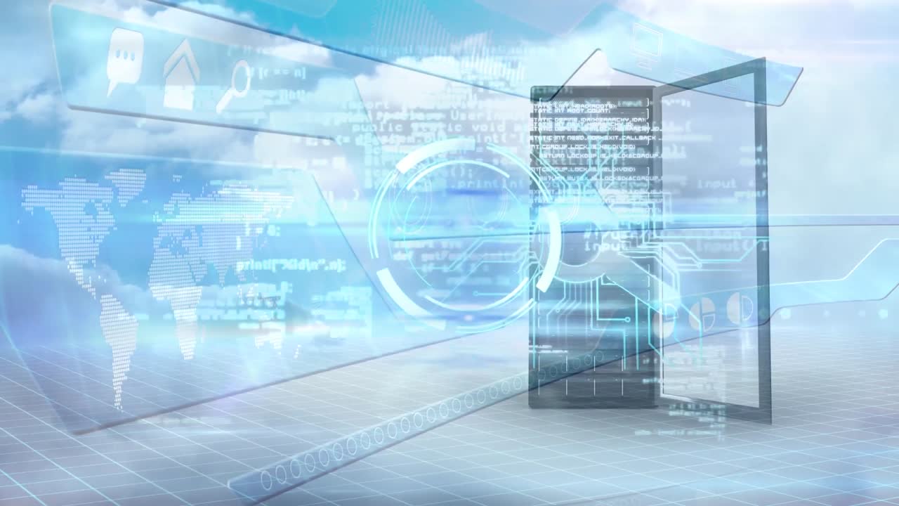 세계 지도의 애니메이션, 데이터 처리 및 클라우드에 대한 서버