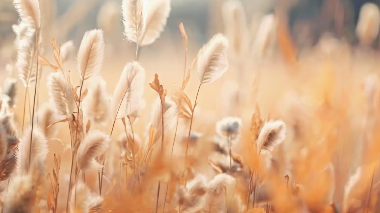 Soft-focus video of sunlit pampas grass swaying gently, captured at eye level, creating a serene