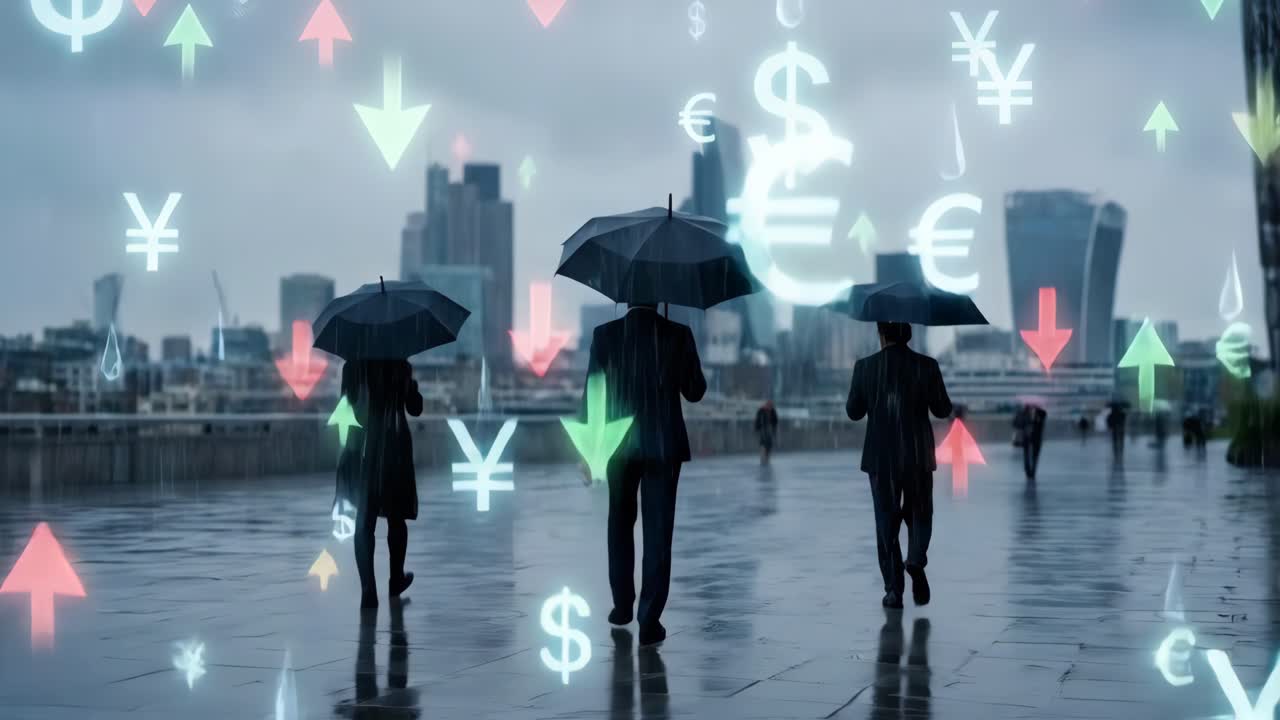 Business People with Umbrellas Walking in Rain with Falling Currency Symbols