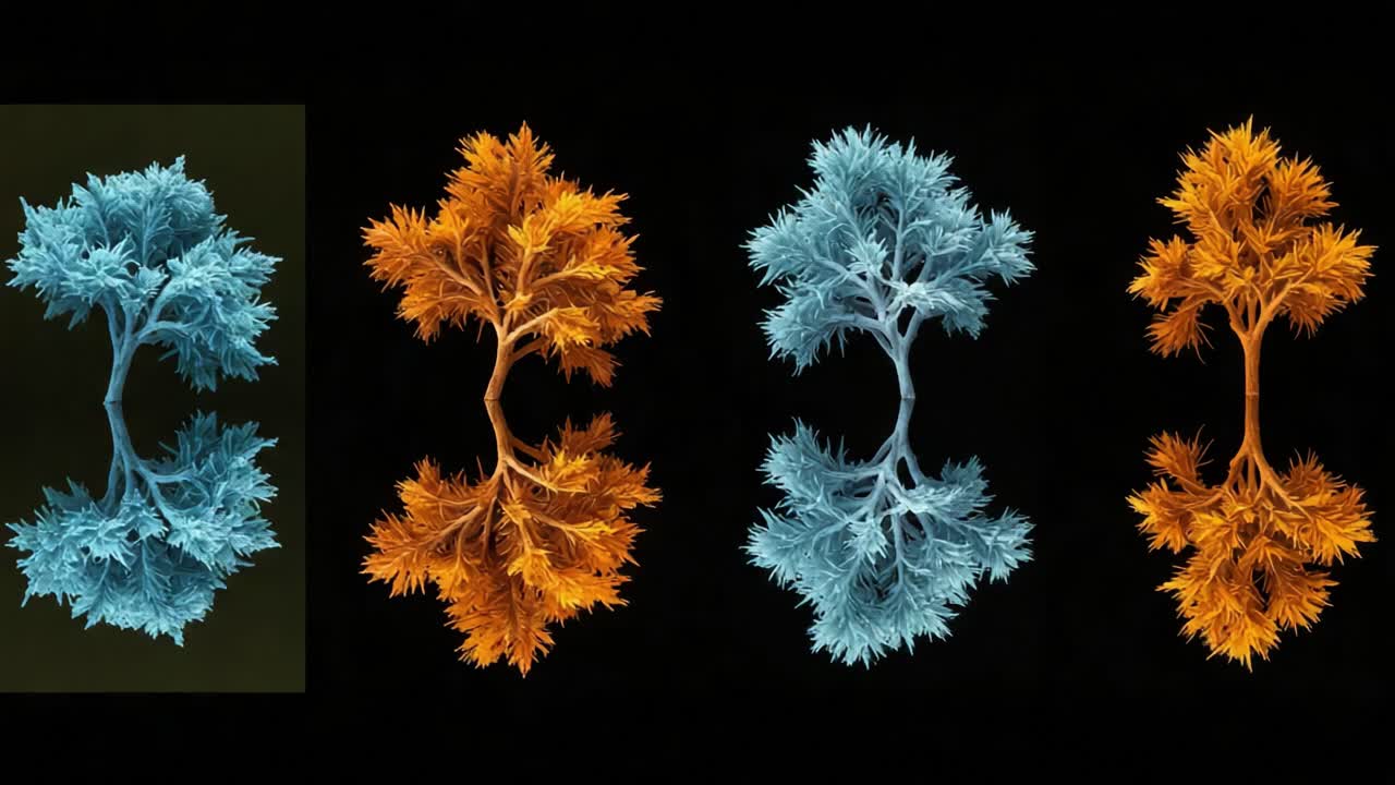 An Artistic Exploration of Colorful Trees in Abstract Representation: A Stunning Contrast of Blue and Orange Against a Dark Background