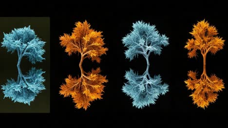 an artistic exploration of colorful trees in abstract representation: a stunning contrast of blue and orange against a dark background