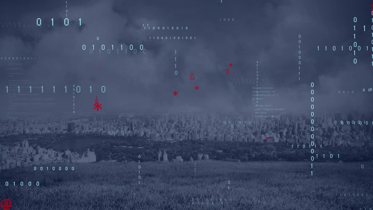 Animation of data processing, cityscape and connections