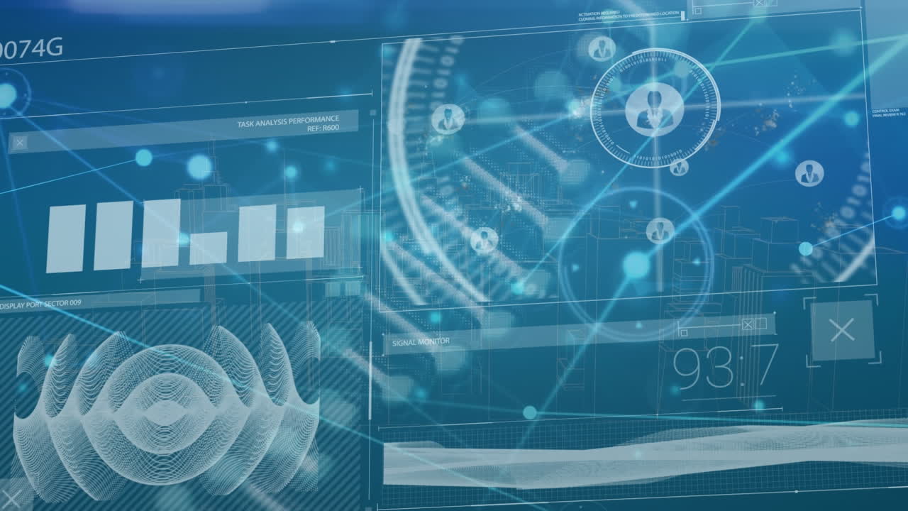 빈 사무실에서 스 ⁇  스캐닝과 데이터 처리의 애니메이션