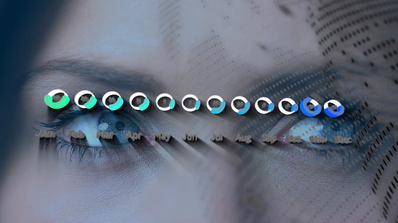 animación de gráficos, mapa del mundo e iconos sobre los ojos de una mujer caucásica