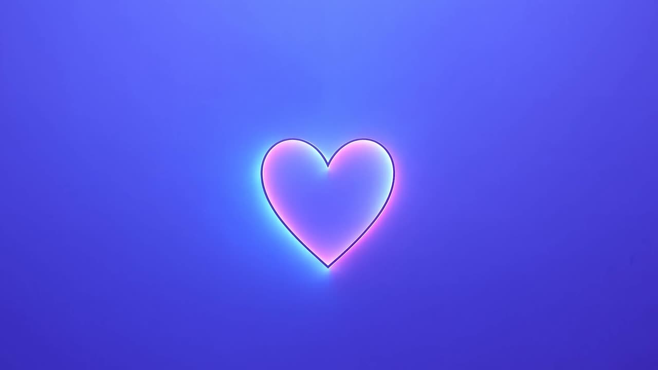 Animazione di un cuore che si sposta da un effetto in rilievo a un bagliore neon per creare contrasto su uno sfondo rosso-blu