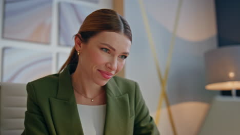 woman consultant talking video meeting using laptop proposing services closeup
