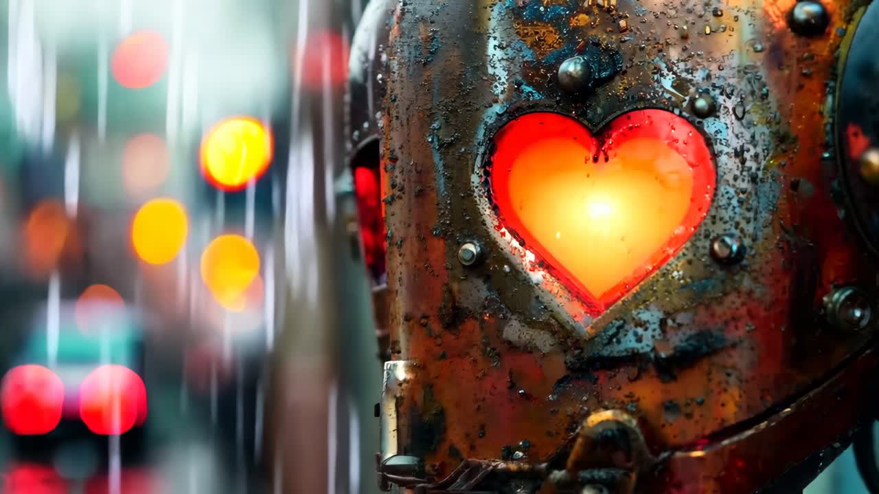 Un robot con un viso a forma di cuore sotto la pioggia