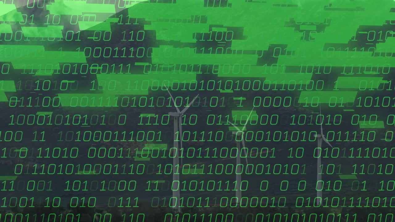 Binary streams starting drifting over wind turbines, green bars rising, hiding blades for data view