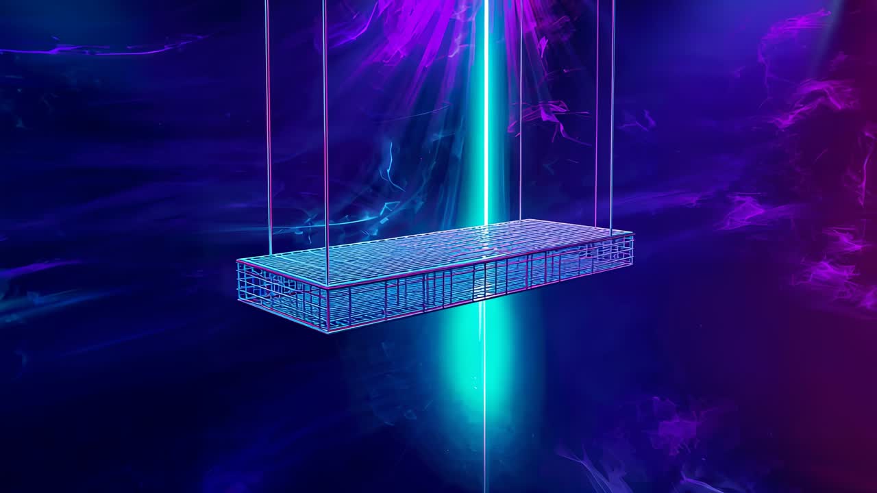 Cyan beam rising pulling grid platform to center, aligning over beam in neon void, cables shifting