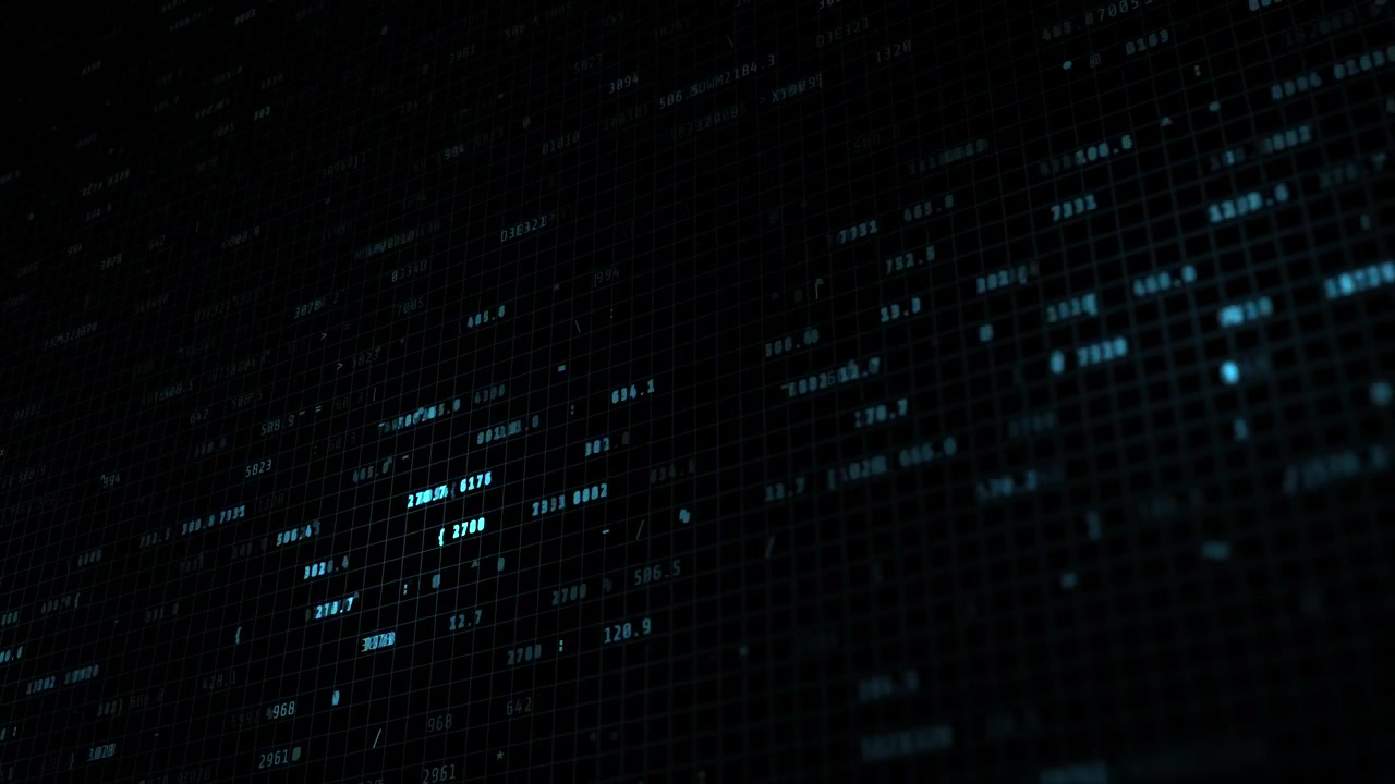 Gleaming blue numerical data streams sweep across a perspective HUD matrix grid, creating a futuristic terminal interface for software and network security applications.