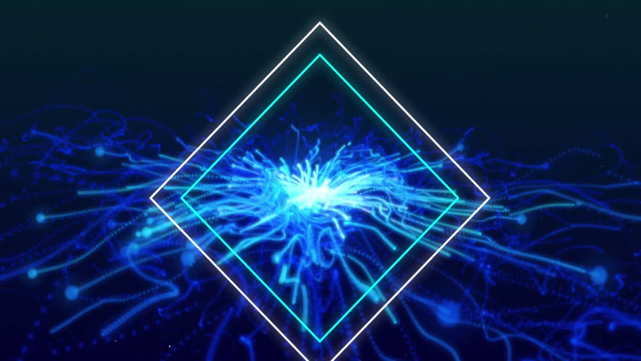 Animation of flickering neon diamonds over glowing blue light trails in background
