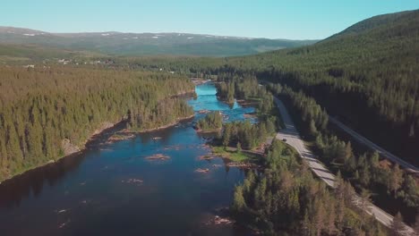 crane up drone disparó sobre un río en un bosque en medio de noruega