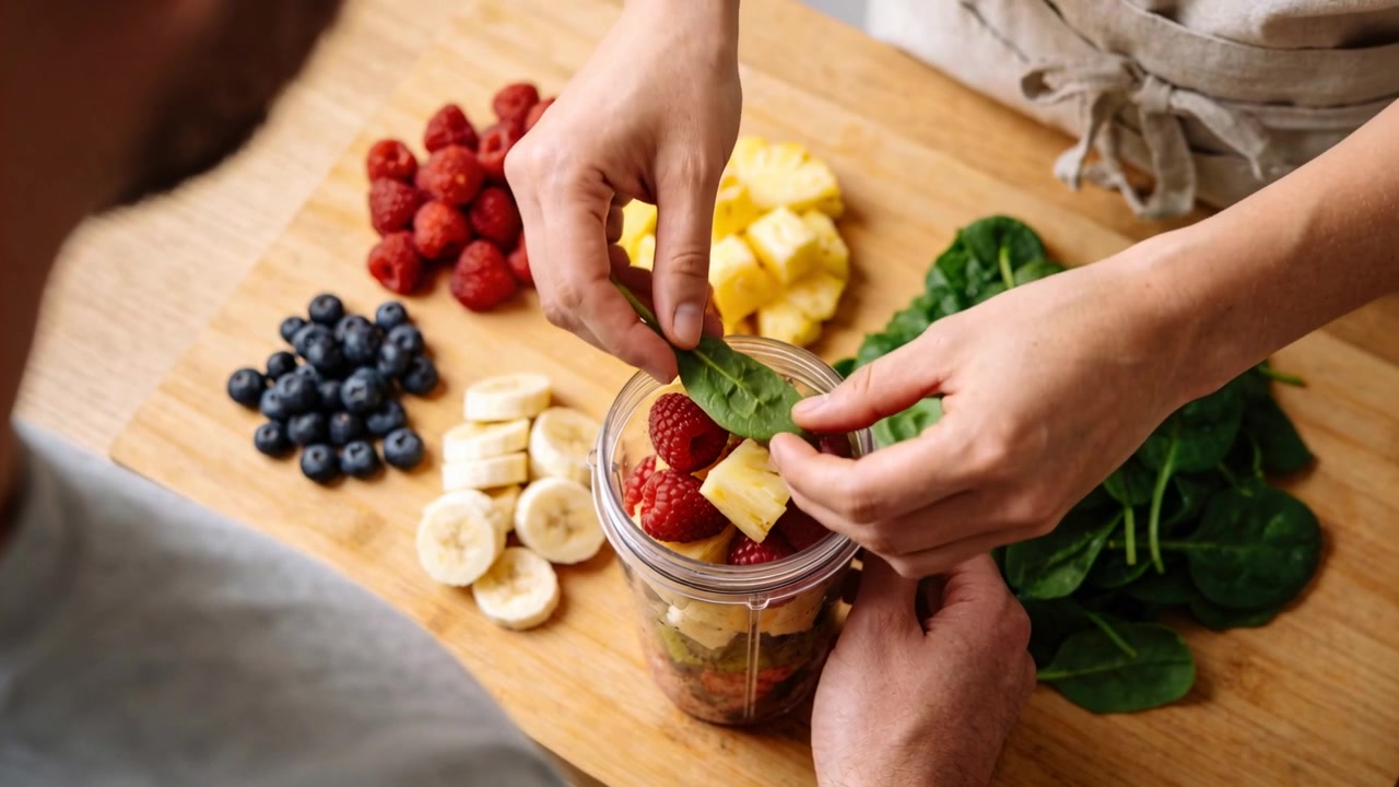 Dos manos preparando y llenando el vaso de la licuadora en la encimera de casa, después de colocar la fruta para un batido, con delantal puesto.