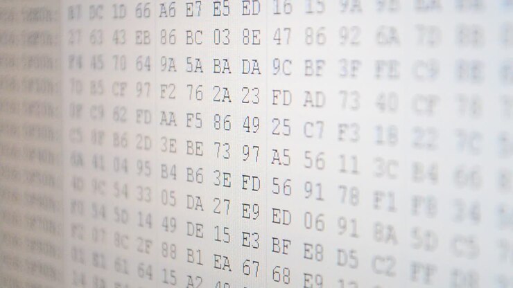 Information i kodeform. Programarbejde med kode. Heksadecimal programkode på skærm. Animeret baggrund med bevægelige binære kodenumre.