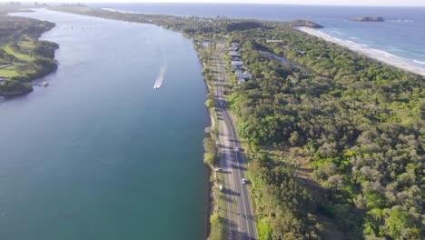 jetski on the tweed river by fingal head, new south wales, australia aerial