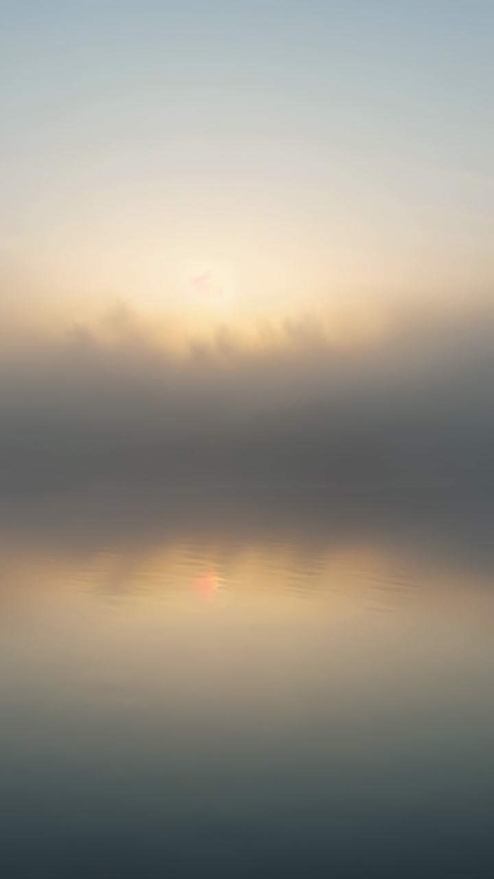 Vertical video: Brightening sun lifting over fog shore, reflecting on calm water and warming trees