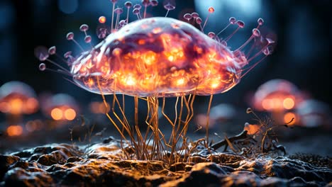 glowing jellyfish-shaped fungus illuminates a forest floor at twilight