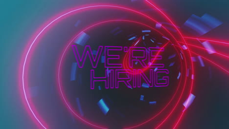 animation of we're hiring text over neon shapes on black background