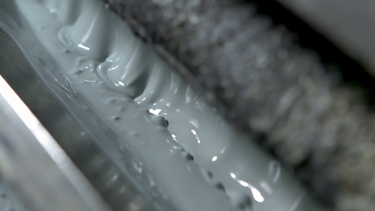 Panning extreme closeup of bubbling light green-grey paint in an old and grungy wallpaper printer