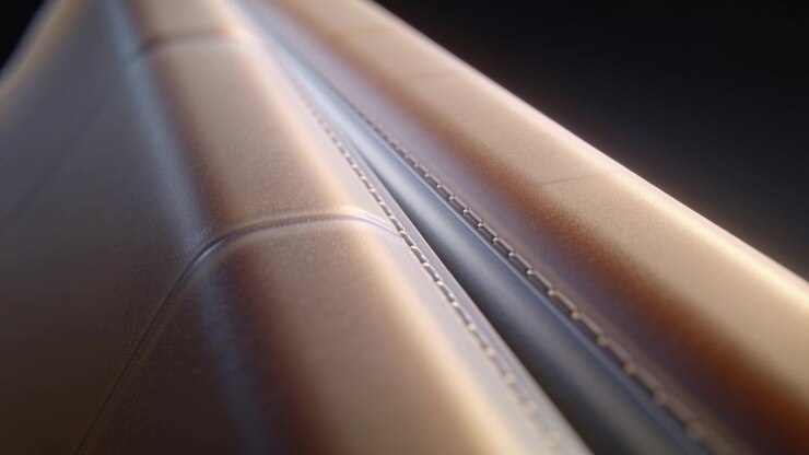 Advancing camera moving along curved metallic panels in studio, revealing notched channel texture
