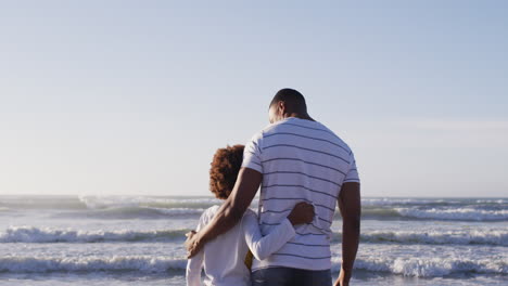 Rückansicht-Eines-Afroamerikanischen-Vaters-Und-Sohnes,-Die-Die-Aussicht-Genießen,-Während-Sie-Am-Strand-Stehen