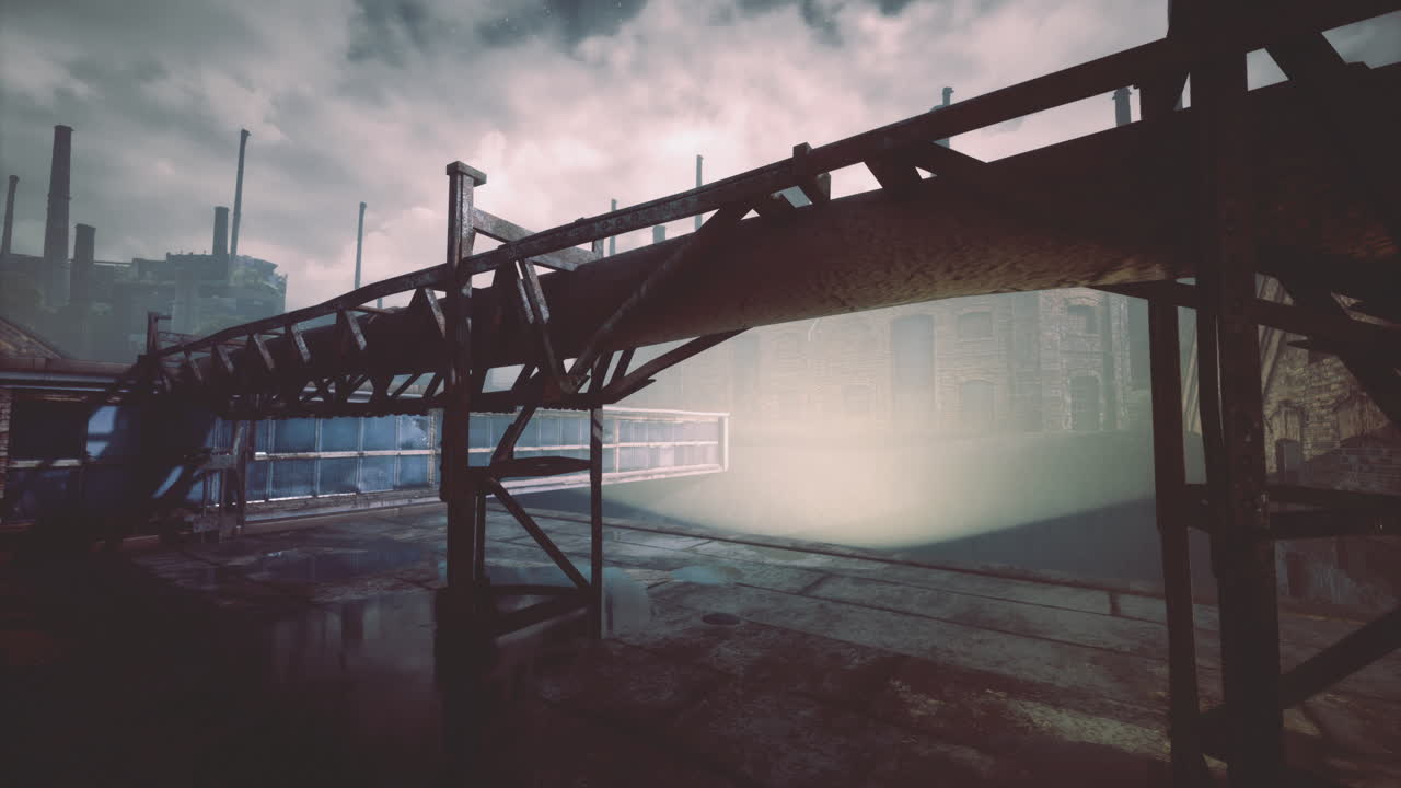 Industrial structure with mist and dramatic lighting in urban environment