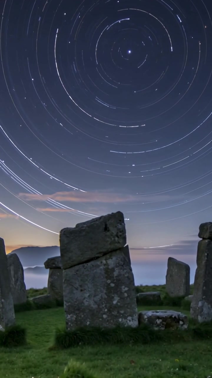 Vertikal video: Starter time-lapse, der fanger en monolit ved en kystnær stenring og afslører stjernespor.