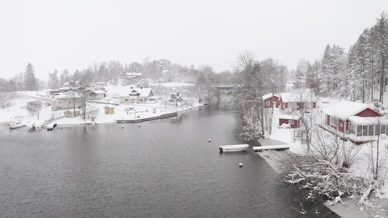 Drone shot of a small village by a lake in Sweden during snowy winter day
