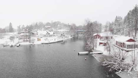 drone shot of a small village by a lake in sweden during snowy winter day
