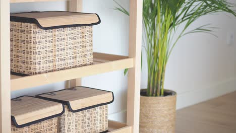 woven storage boxes on wooden shelf with houseplant