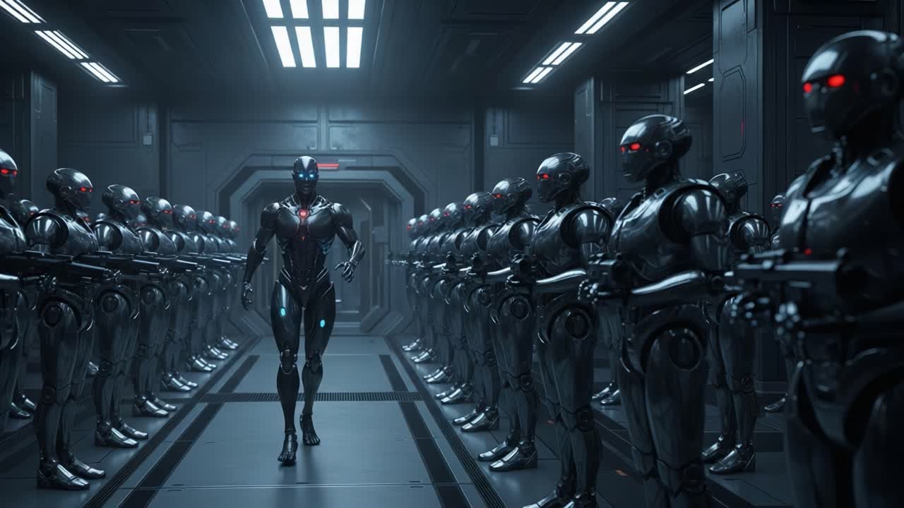 In a dimly lit futuristic facility, a lone humanoid robot strides confidently towards a formation of identical robotic sentinels, showcasing advanced technology and design.