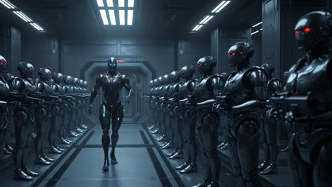 in a dimly lit futuristic facility, a lone humanoid robot strides confidently towards a formation of identical robotic sentinels, showcasing advanced technology and design.