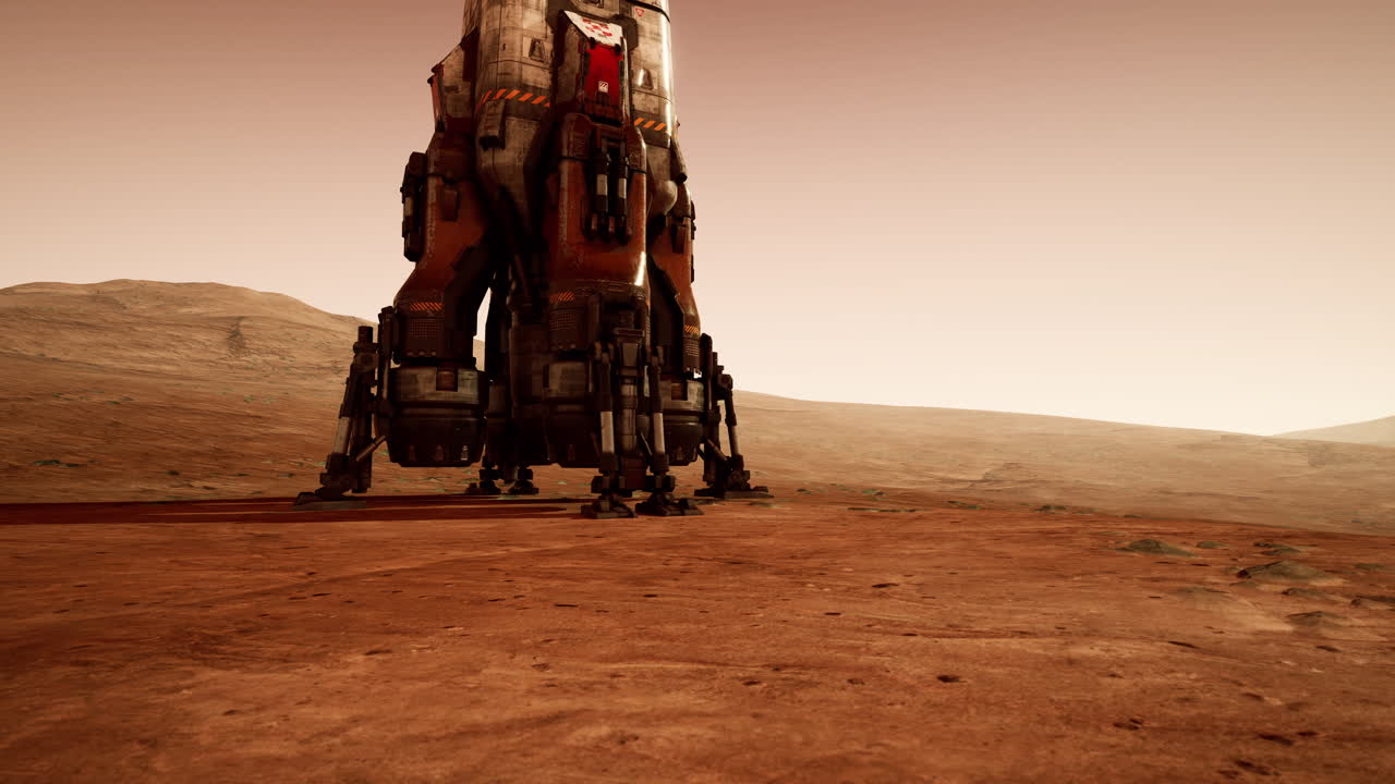Exploration of a martian base with landing craft under a dusty sky