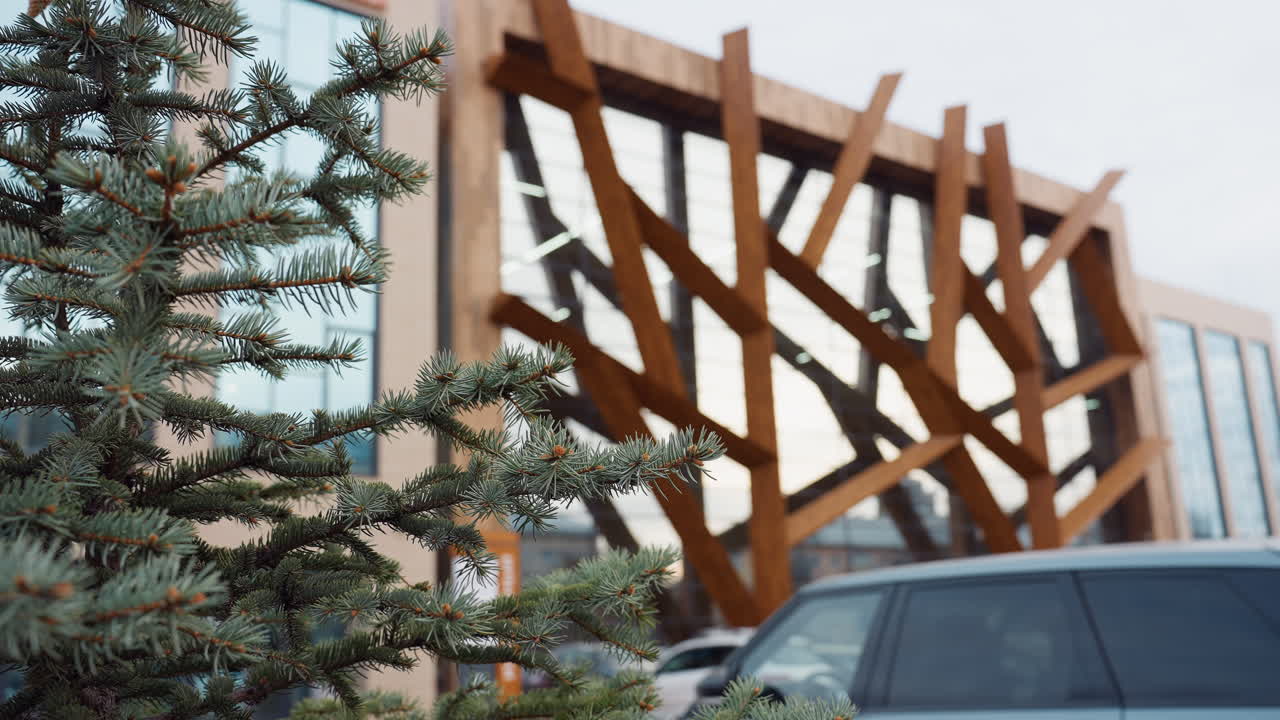 Spruce branches in foreground frame modern recreation center entrance with wood lattice facade, large glass windows, parked car and people entering building on overcast day