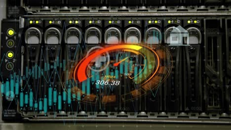 animation of data processing and server room over speedometer