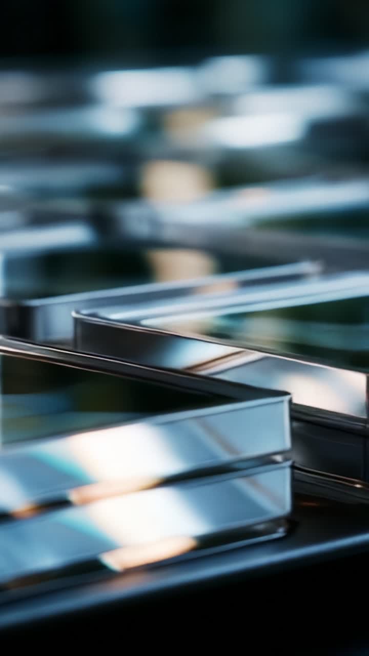 Primer plano de moldes de metal pulido para hornear con reflejos en sus superficies, capturando la hermosa textura y el juego de luces en un ambiente de cocina