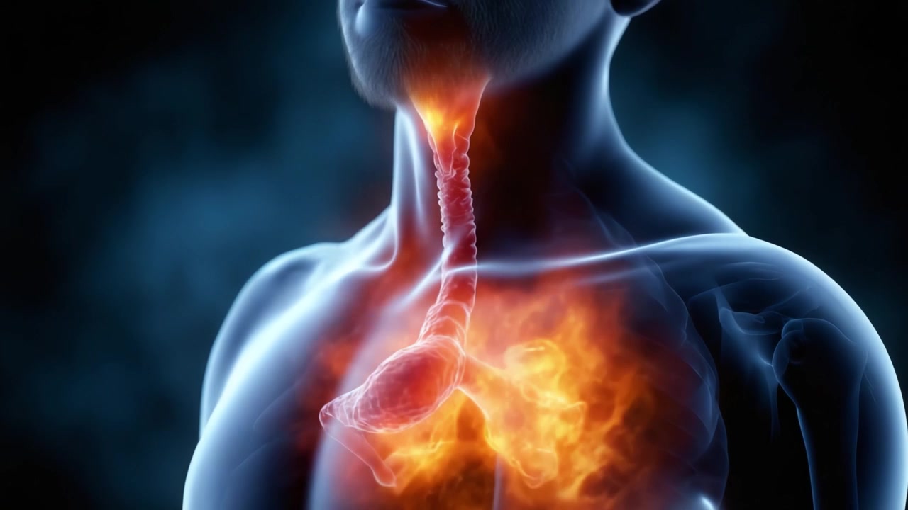 Una visualizzazione astratta del sistema digestivo umano con enfasi sull'esofago e sullo stomaco avvolti dalle fiamme, a rappresentare calore e lotte interne.
