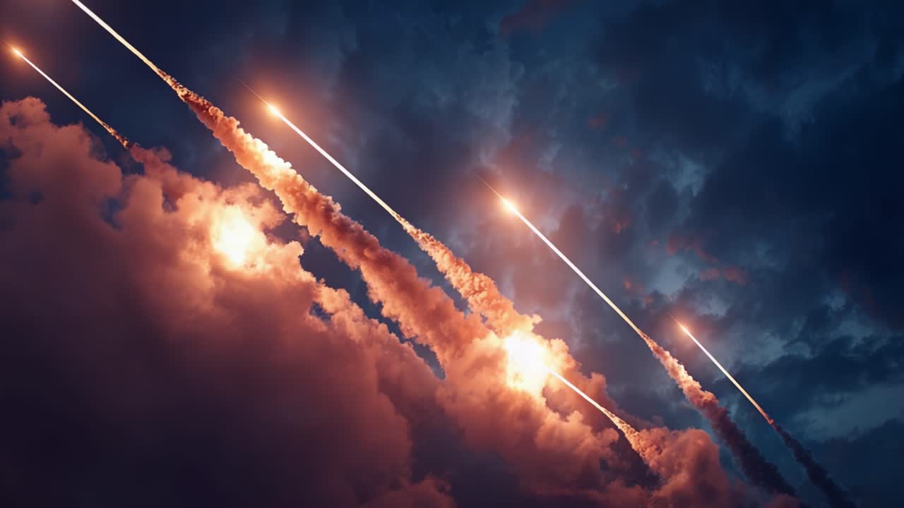 Lancements de fusées spectaculaires perçant des nuages sombres avec des traînées lumineuses sur un ciel de crépuscule dramatique.