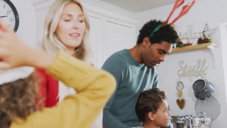 family in kitchen helping to prepare christmas meal together